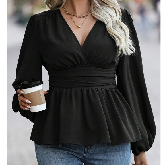 Plus Ruffle Hem Solid Long sleeve Blouse - Picture 1 of 9